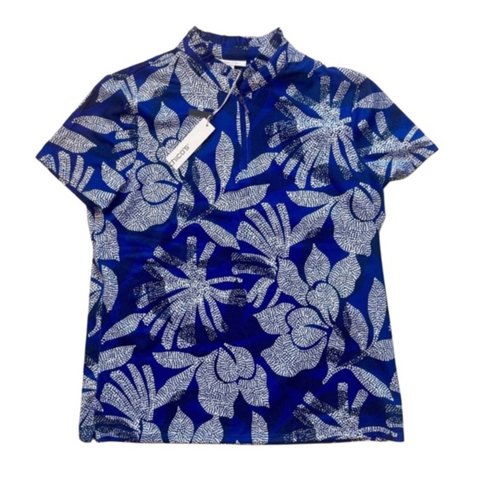 Chico's Zenergy Blue Grotto Zip Navy and White Patterned Top